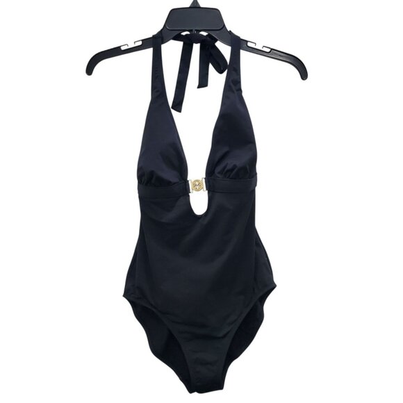 Tory Burch Other - Tory Burch Black Deep Plunge Neck Halter Tie Open Back One Piece Swimsuit Size M